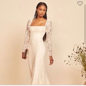 Reformation Ivory Lace Maxi Dress with Square Neck and Puff Shoulders